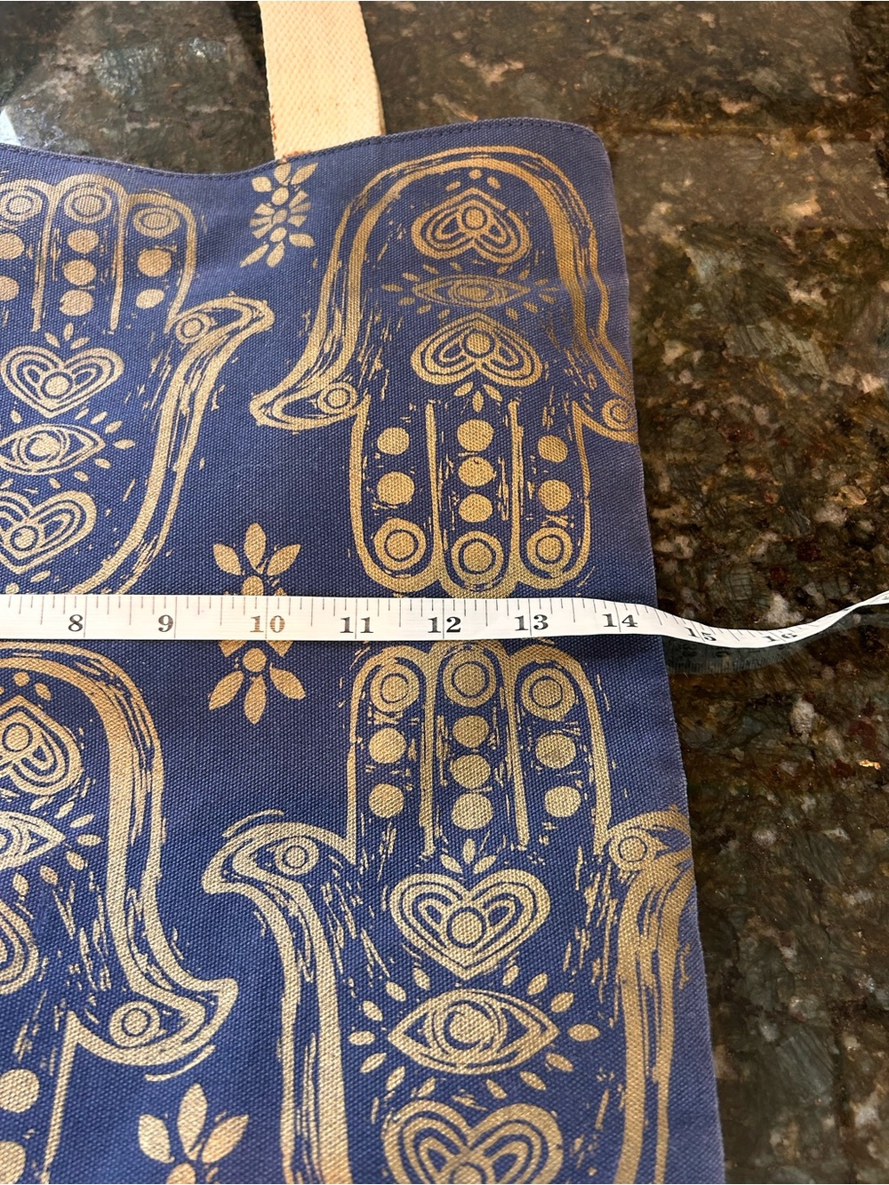 Maya Hamsa Tote for Bloom and Give. Leather and Canvas. Hamsa Hands. Thick. - Picture 9 of 10